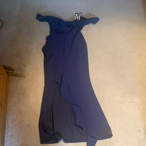Navy blue prom dress, ruffled and off the shoulder sleeves